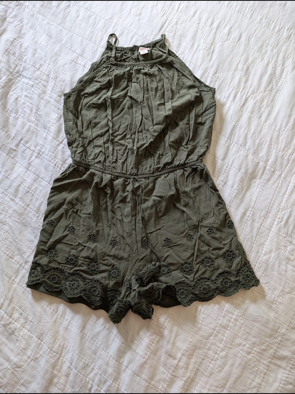 Olive Green Lace Trim Sleeveless Romper